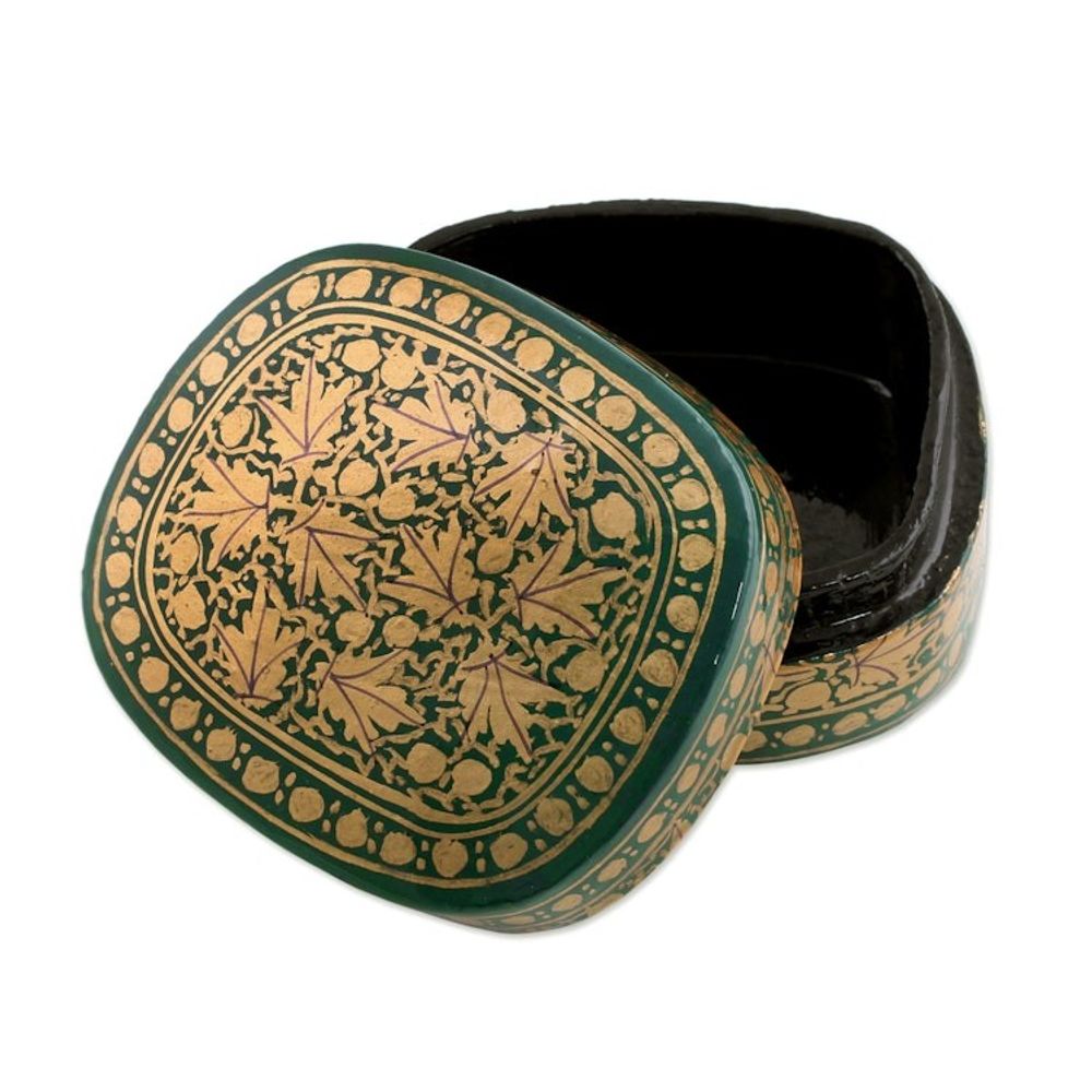 Green and Gold Papier Mache Decorative Box from India 'Graceful Viridescence'