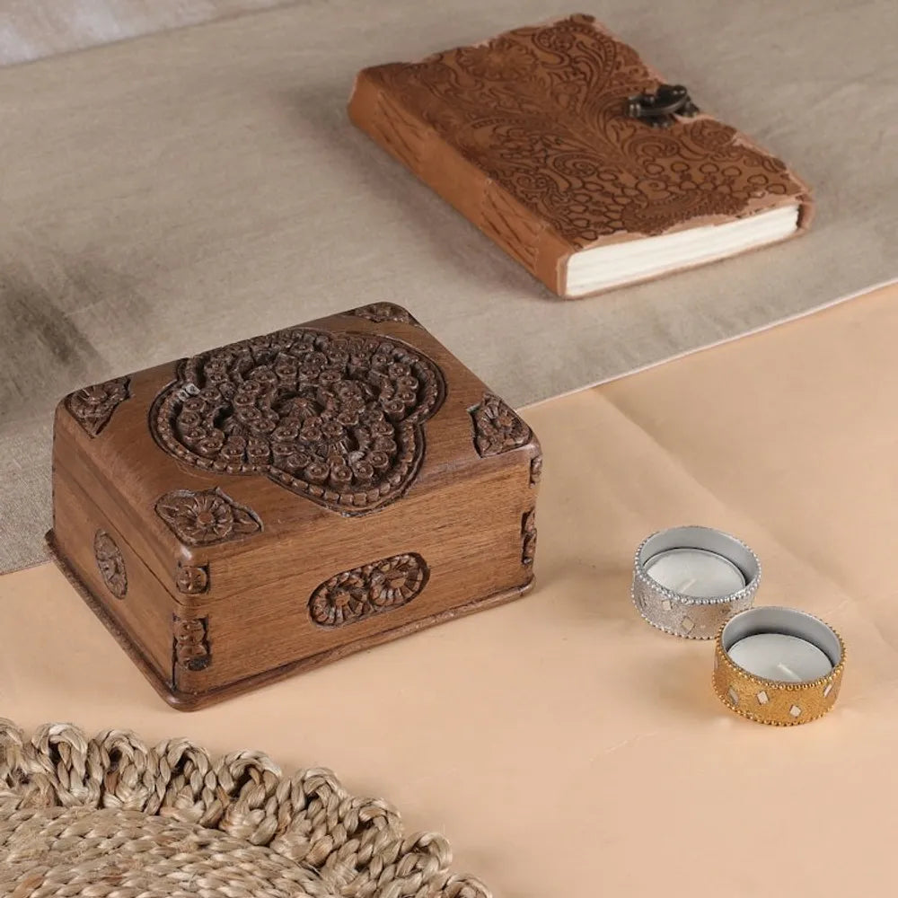 Hand Carved Floral Wood Jewelry Box 'Treasured Roses'