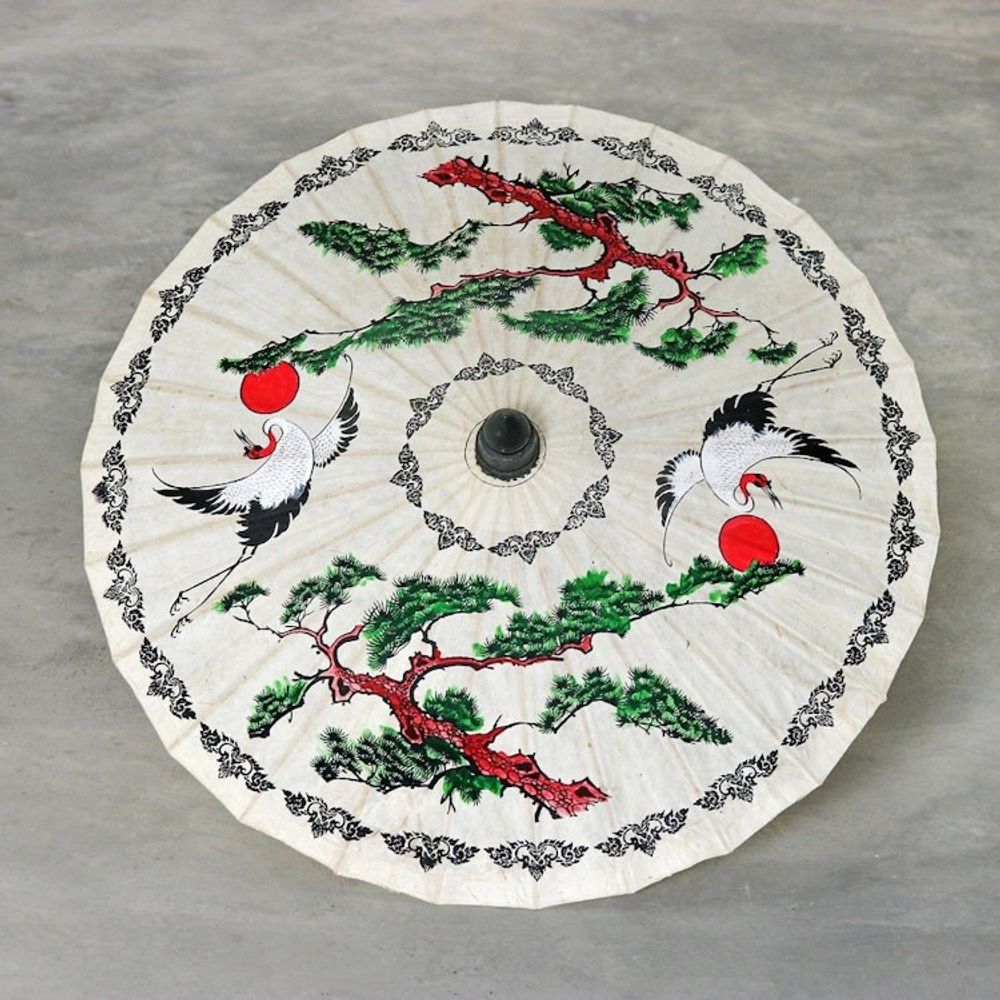 Hand-Painted White Crane Motif Saa Paper Decorative Parasol 'Morning Cranes'