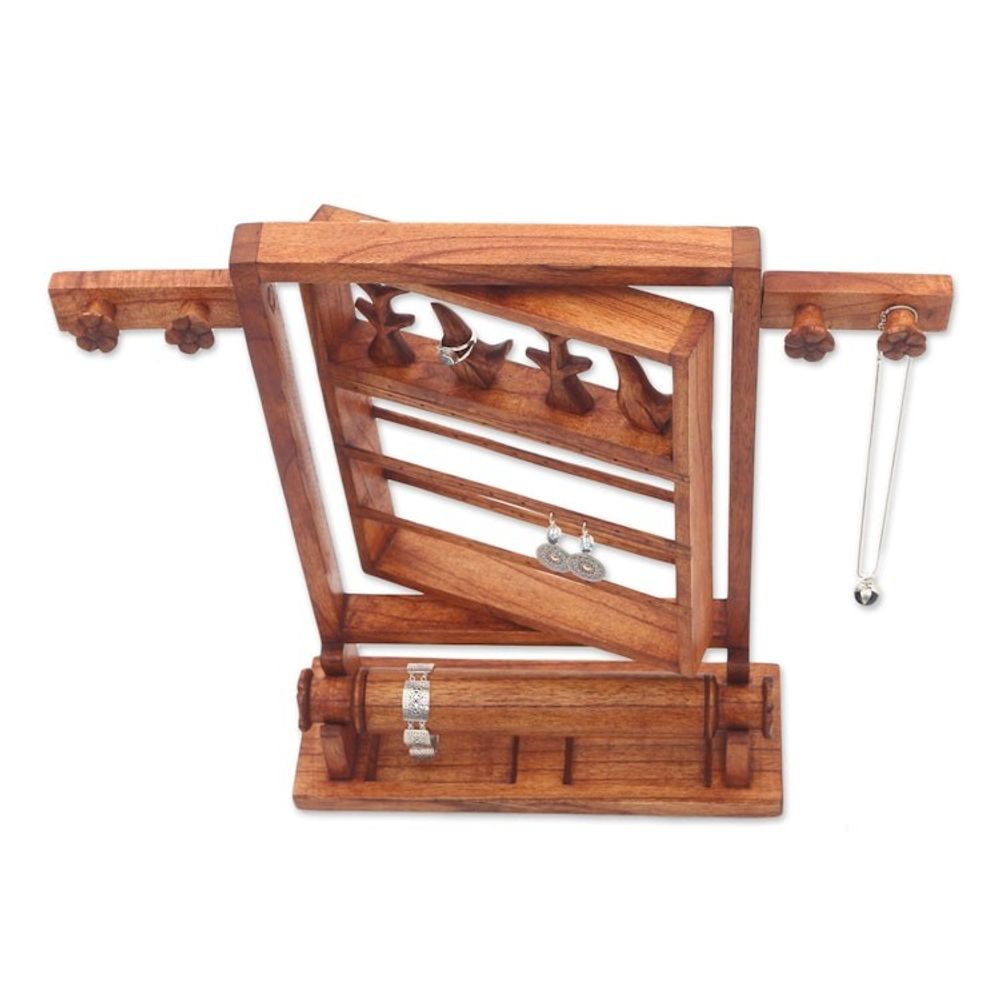 Floral Jempinis Wood Jewelry Stand in Brown from Bali 'Serene Forest in Brown'