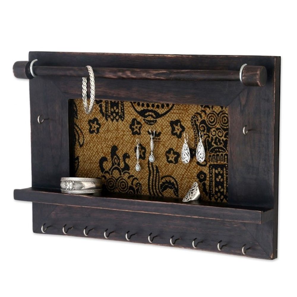 Hand Crafted Jewelry Display Wall Panel in Wood and Cotton 'Tegalalang Heritage in Brown'