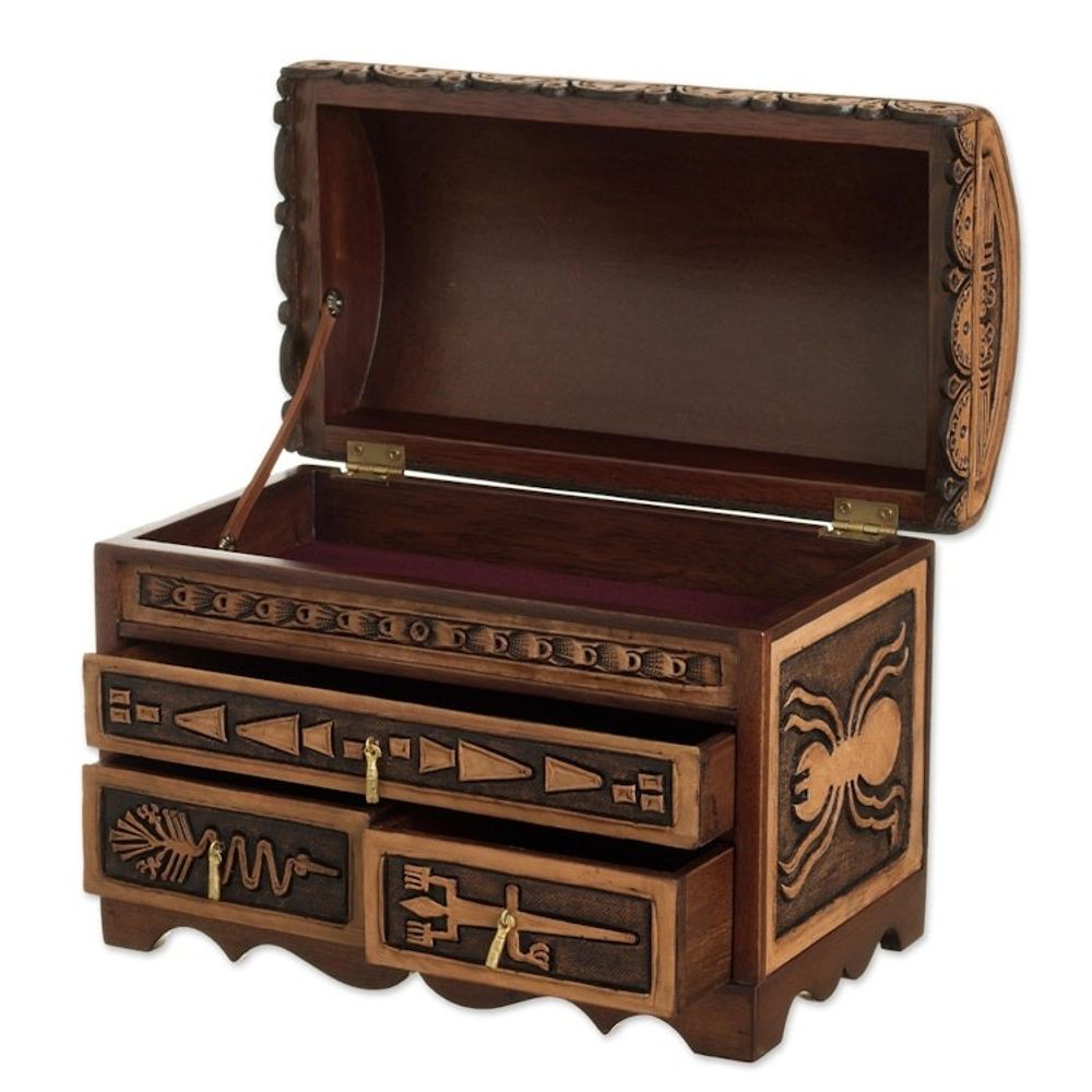 Nazca Pattern Leather and Cedar Wood Jewelry Chest from Peru 'Nazca Mysteries'
