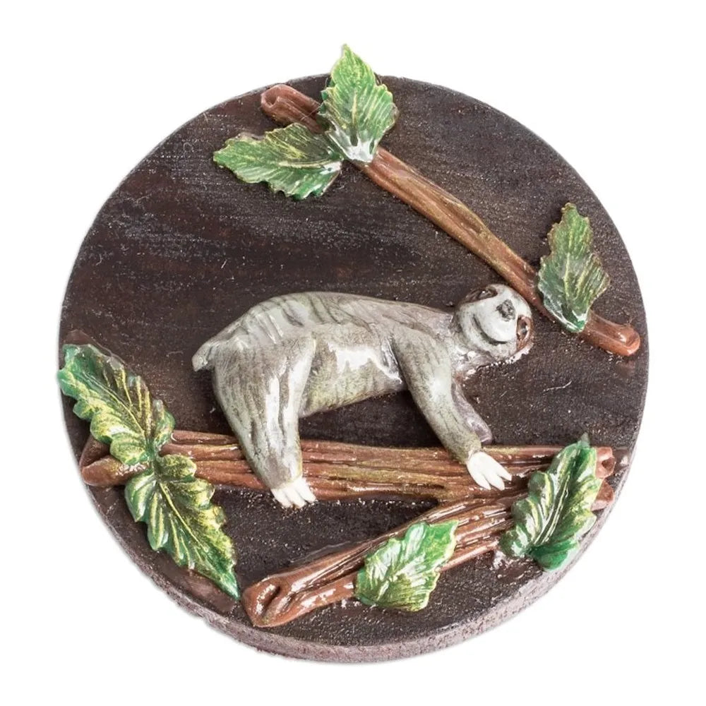 Handcrafted Painted Pinewood and Cold Porcelain Sloth Magnet 'The Tropical Sloth'