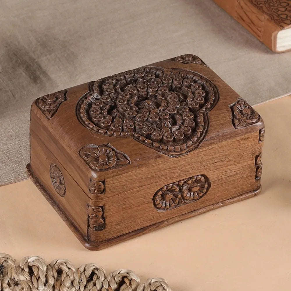 Hand Carved Floral Wood Jewelry Box 'Treasured Roses'