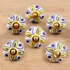 Ceramic Cabinet Knobs Floral Yellow White Set of 6 India 'Bright Sunshine'