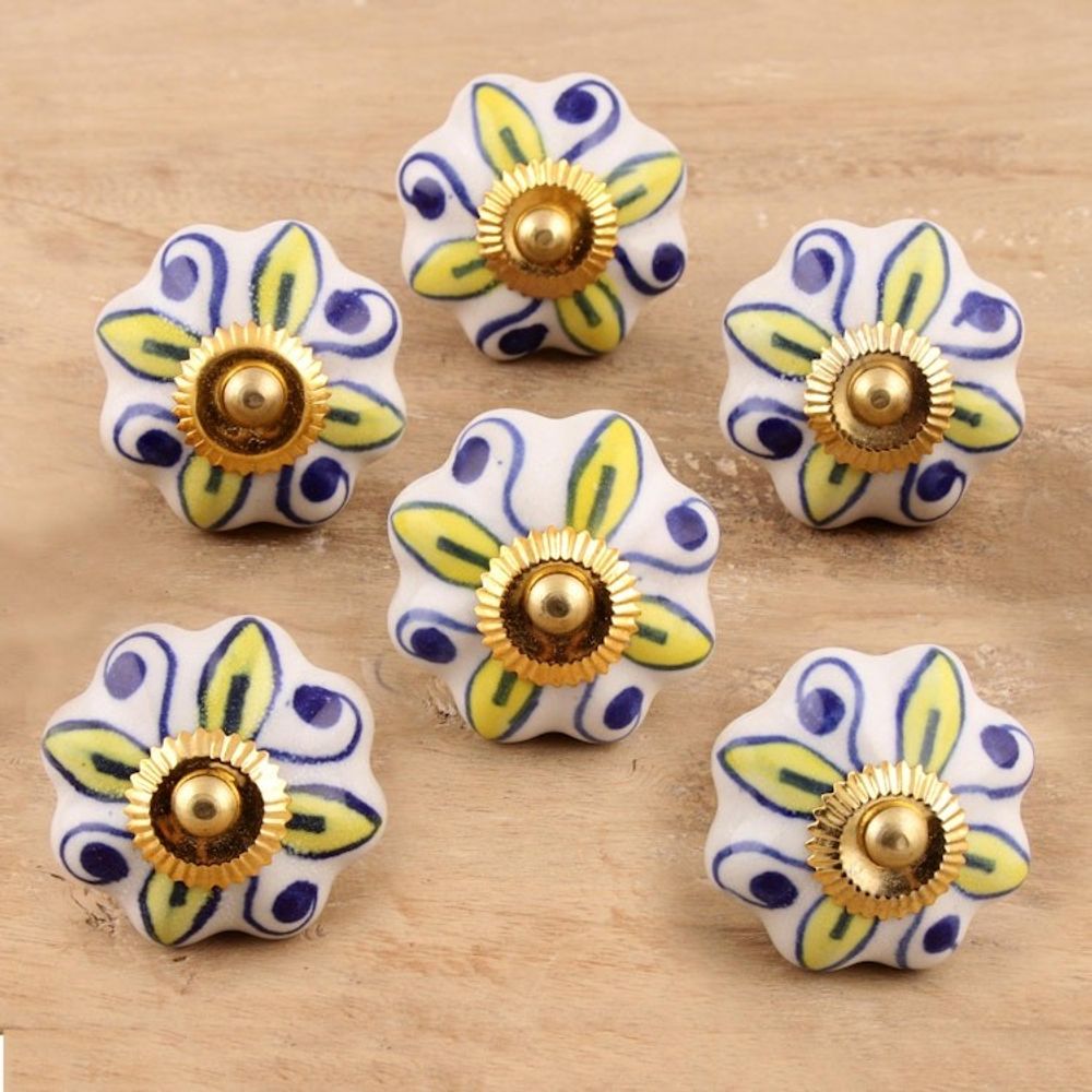 Ceramic Cabinet Knobs Floral Yellow White Set of 6 India 'Bright Sunshine'