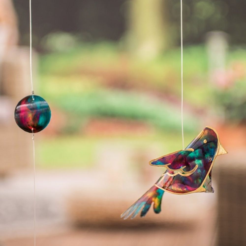 Handmade Recycled Plastic Mobile with Three Vibrant Birds 'Enchanted Flight'