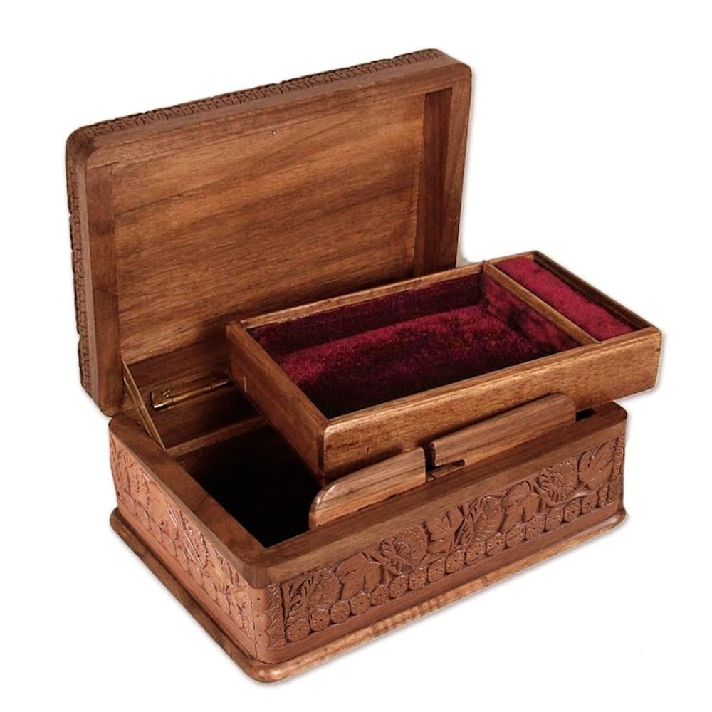 Hand Carved Walnut Wood Jewelry Box 'Birds in Wonderland'