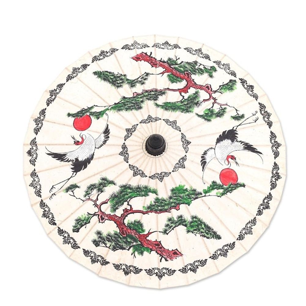 Hand-Painted White Crane Motif Saa Paper Decorative Parasol 'Morning Cranes'