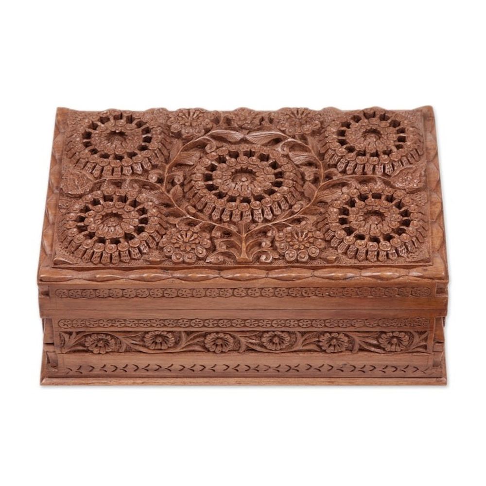 Hand Carved Floral Wood Jewelry Box 'Sunflower Mandalas'