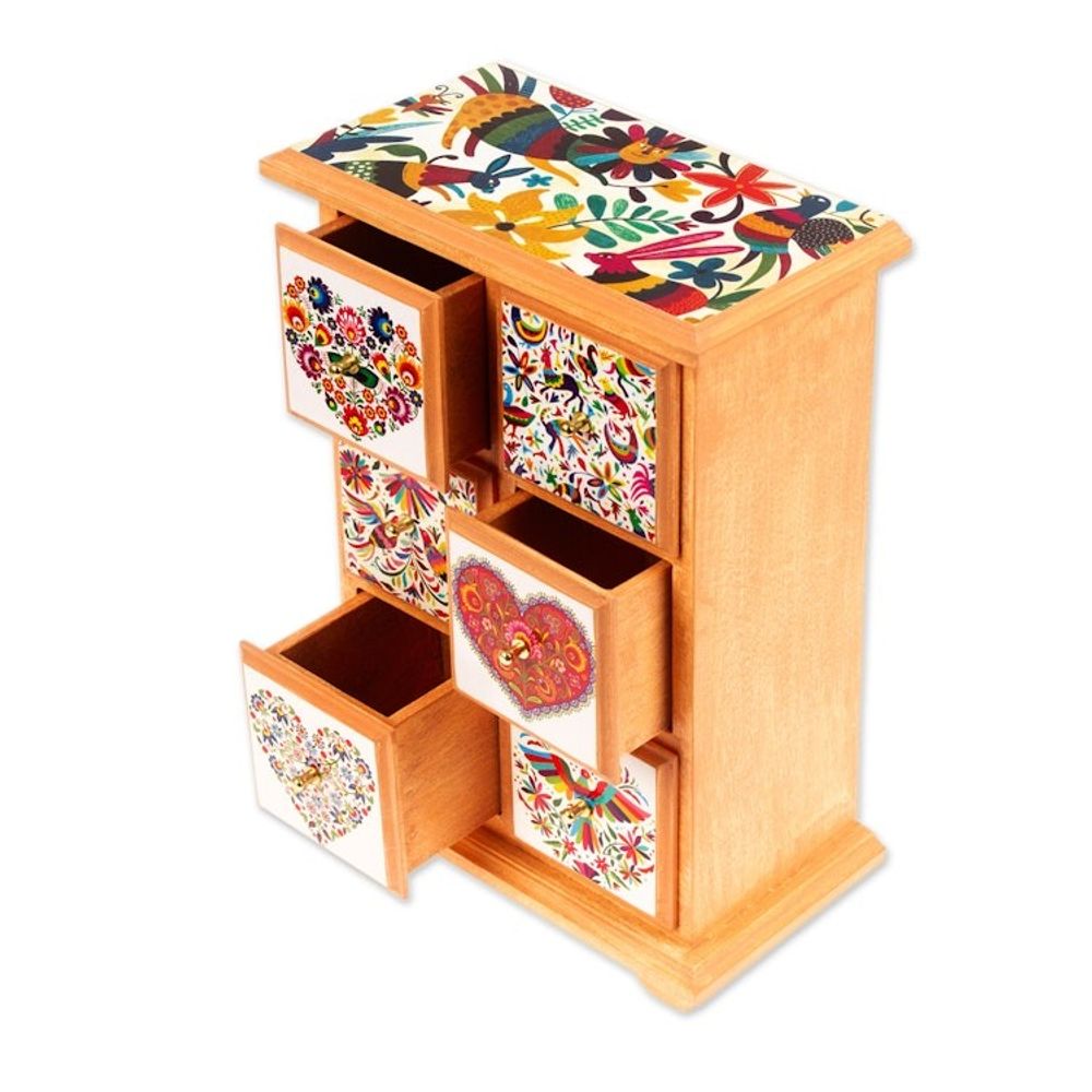 Handcrafted Decoupage Wood Jewelry Chest from Mexico 'Lavish Color'