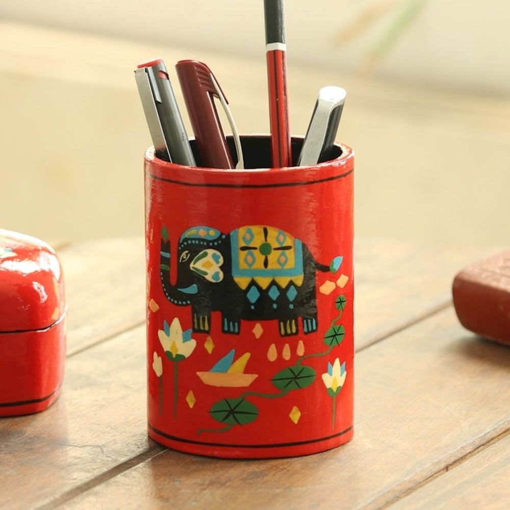 Papier Mache Elephant-Motif Pen Holder 'Tale of the River'