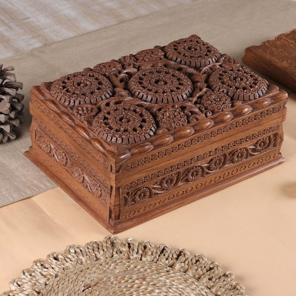 Hand Carved Floral Wood Jewelry Box 'Sunflower Mandalas'