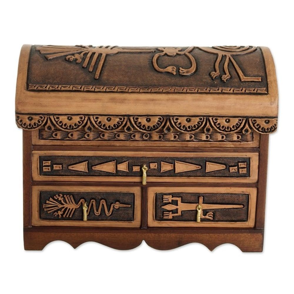 Nazca Pattern Leather and Cedar Wood Jewelry Chest from Peru 'Nazca Mysteries'