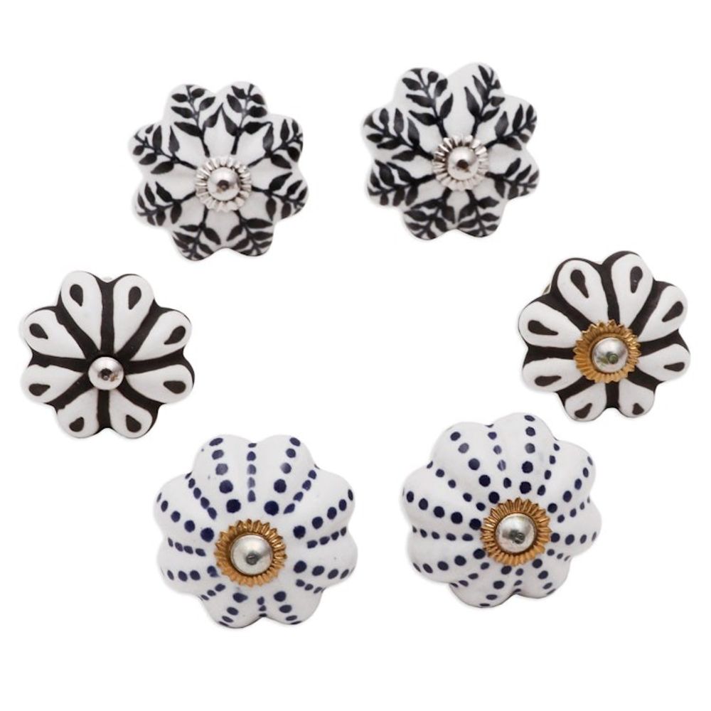 Floral Ceramic Knobs with Hand-Painted Designs Set of 6 'Flowery Union'