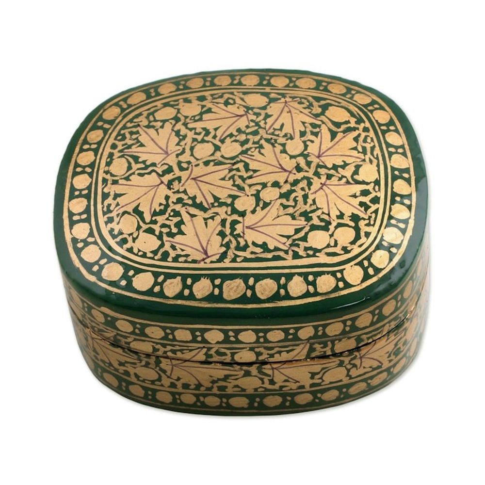 Green and Gold Papier Mache Decorative Box from India 'Graceful Viridescence'