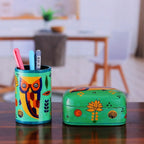 Papier Mache Owl-Motif Pen Holder 'Owl Story in Teal'