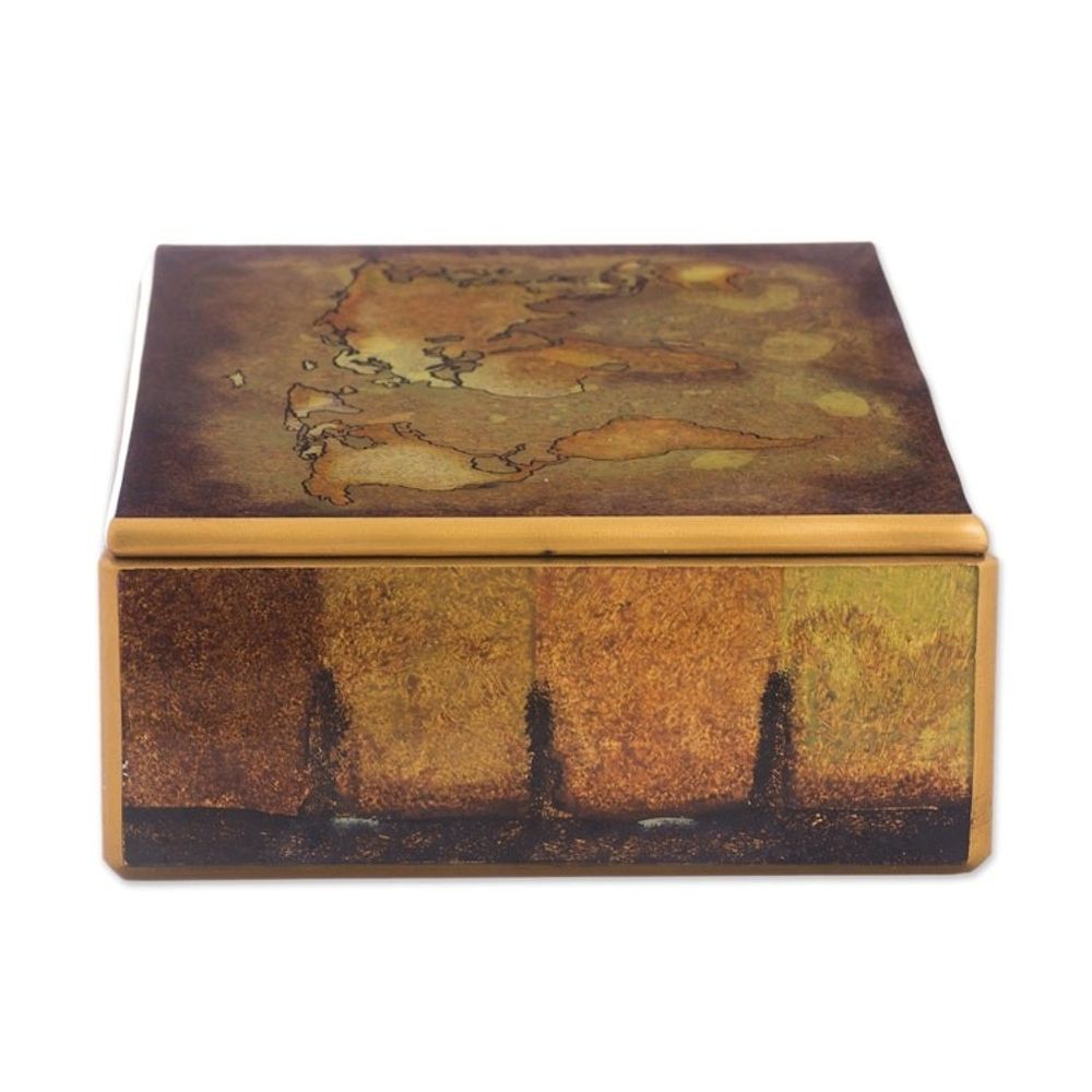 Golden World Map Reverse-Painted Glass Wood Decorative Box 'Cartographer's Treasure'