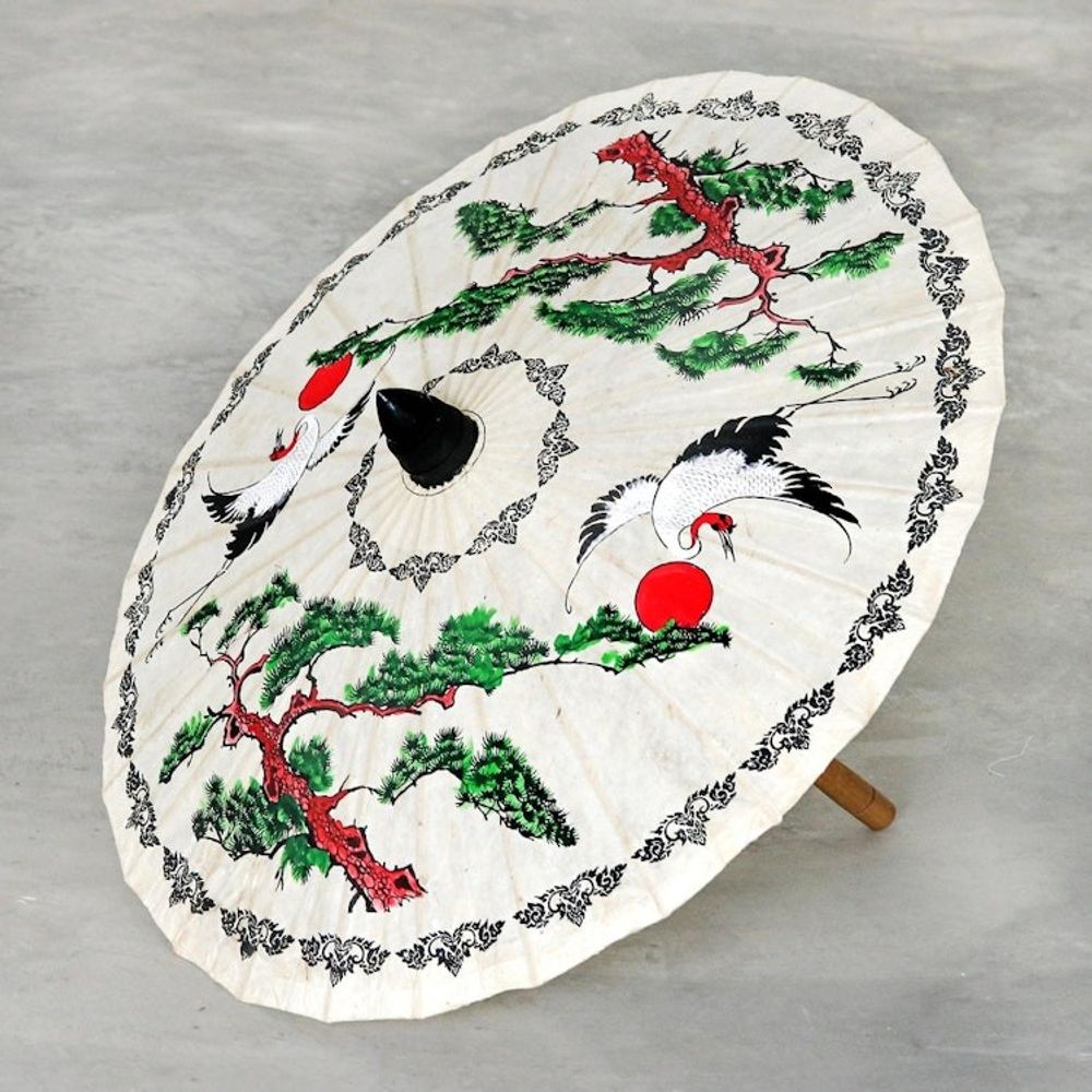 Hand-Painted White Crane Motif Saa Paper Decorative Parasol 'Morning Cranes'