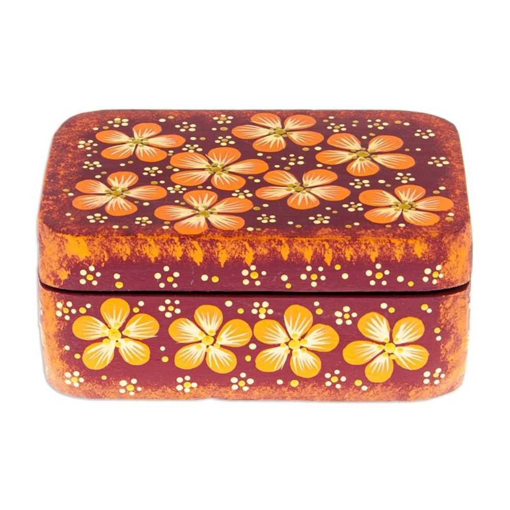 Handcrafted Orange Decorative Wood Box with Floral Details 'Secret Summer'