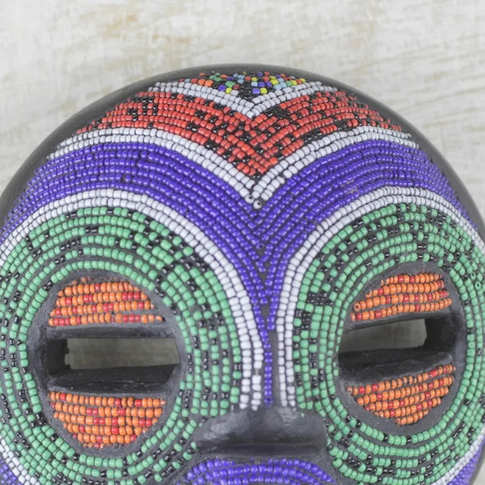 Multi-Colored Recycled Glass Bead and Sese Wood African Mask 'Rainbow Greeting'
