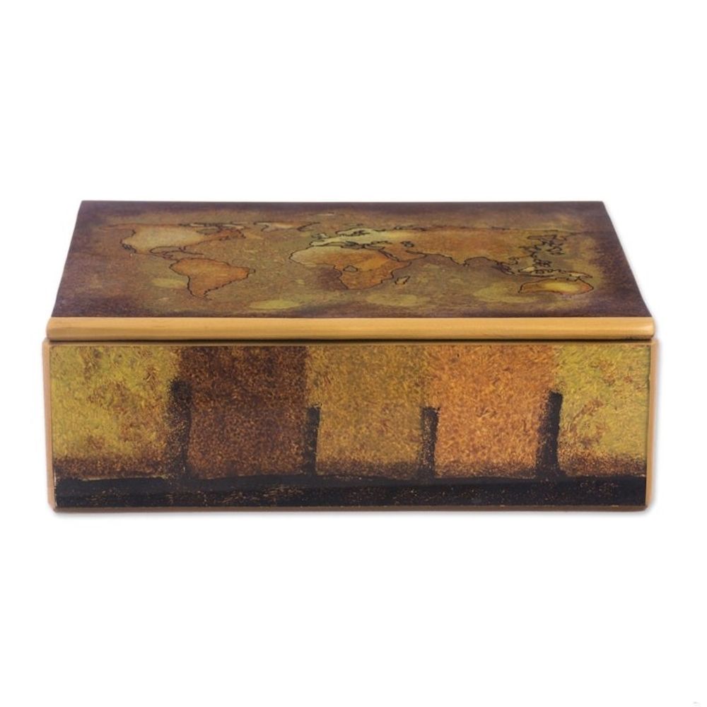 Golden World Map Reverse-Painted Glass Wood Decorative Box 'Cartographer's Treasure'