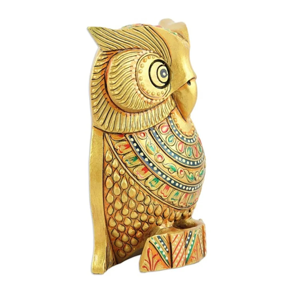 Traditional Painted Kadam Wood Magnet of a Golden Owl 'Golden Sage'