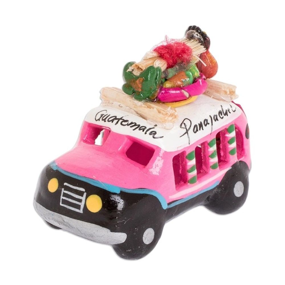 2.5 Inch Pink Ceramic Mini Bus Figurine from Guatemala 'Pink Old Time Bus'