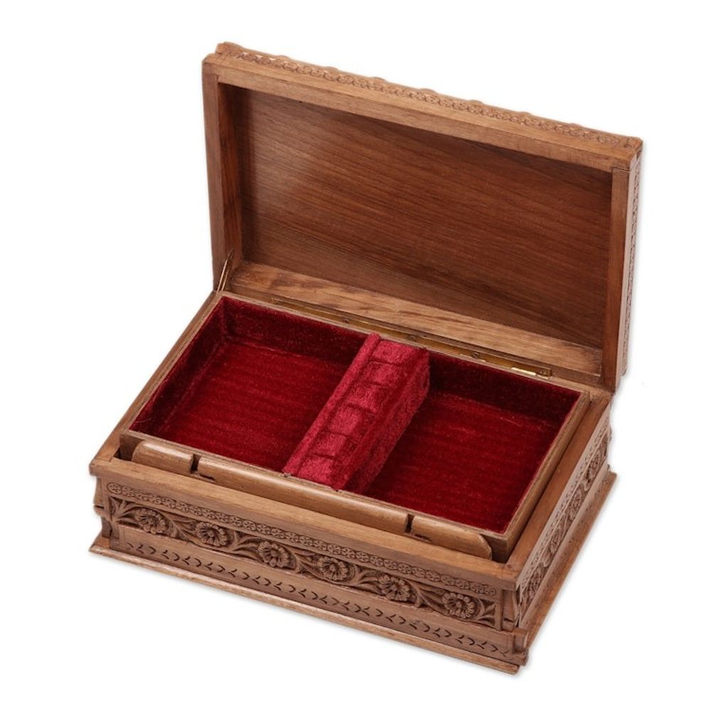 Hand Carved Floral Wood Jewelry Box 'Sunflower Mandalas'