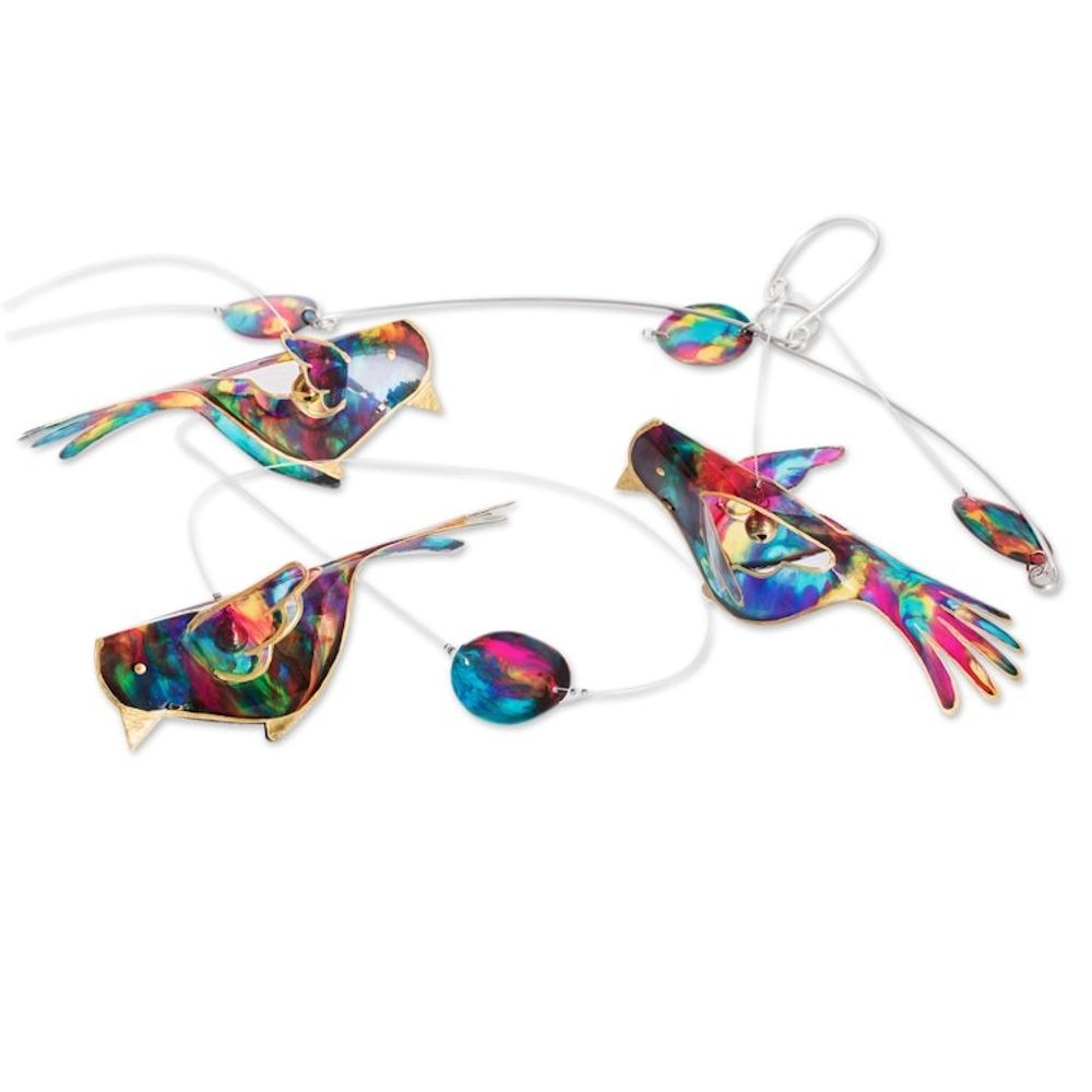 Handmade Recycled Plastic Mobile with Three Vibrant Birds 'Enchanted Flight'