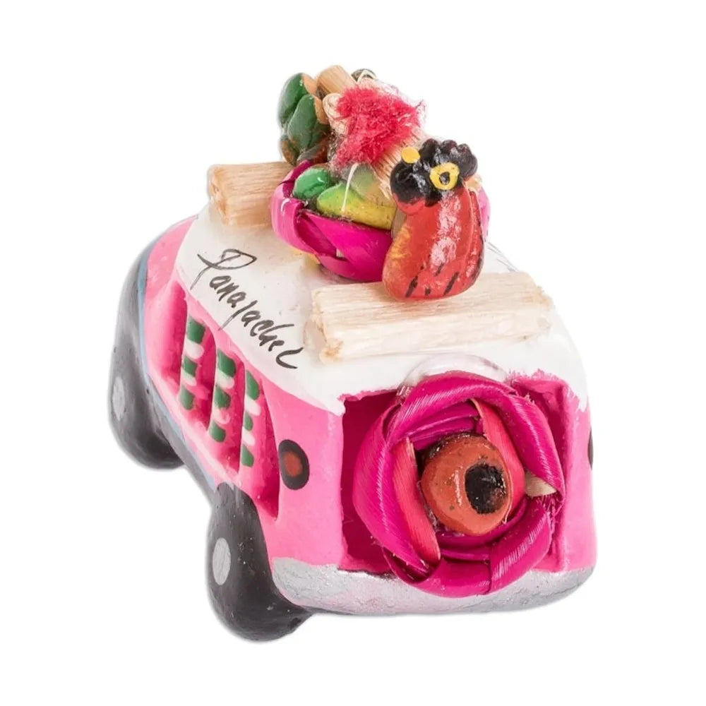 2.5 Inch Pink Ceramic Mini Bus Figurine from Guatemala 'Pink Old Time Bus'