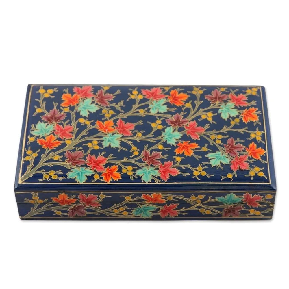 Hand-Painted Papier Mache Box with Tree Motif 'Festive Trees in Blue'