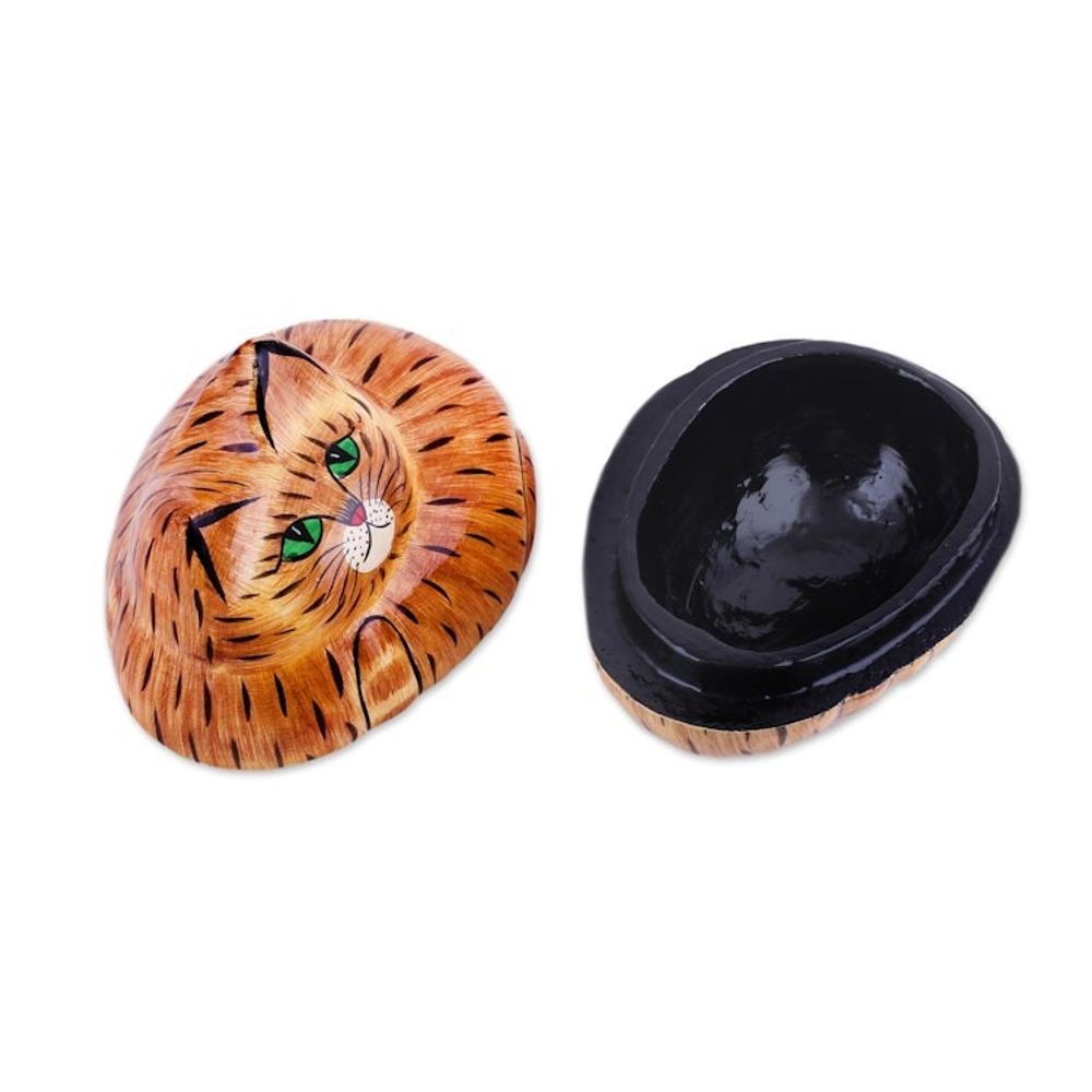 Brown Papier Mache Cat Decorative Box from India 'Comfy Cat'