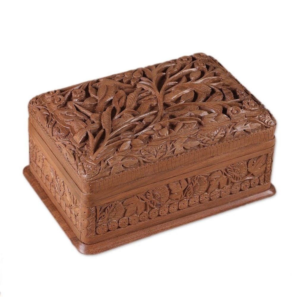 Hand Carved Walnut Wood Jewelry Box 'Birds in Wonderland'