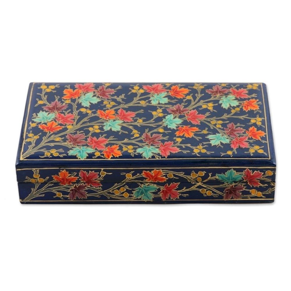 Hand-Painted Papier Mache Box with Tree Motif 'Festive Trees in Blue'