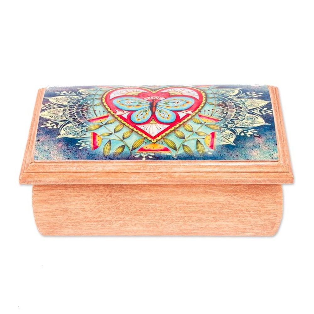 Butterfly and Heart-Themed Decoupage Jewelry Box from Mexico 'Butterfly Heart'