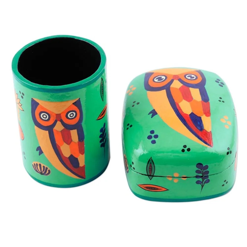 Papier Mache Owl-Motif Pen Holder 'Owl Story in Teal'