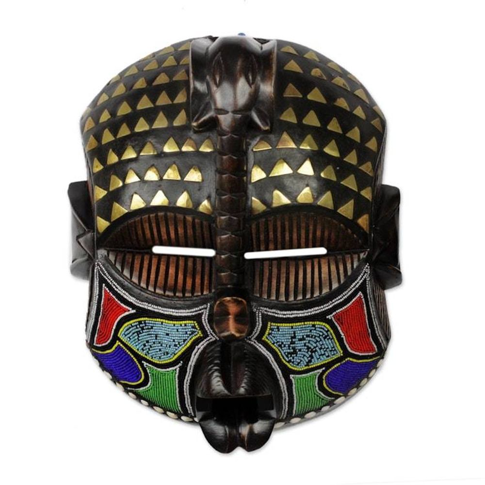 Elephant Themed Wood Mask with Brass and Glass Beads 'Akyiglinyi'