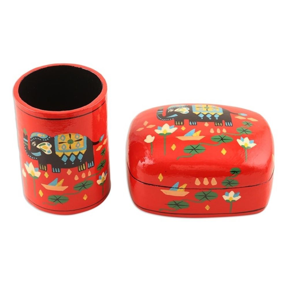 Papier Mache Elephant-Motif Pen Holder 'Tale of the River'